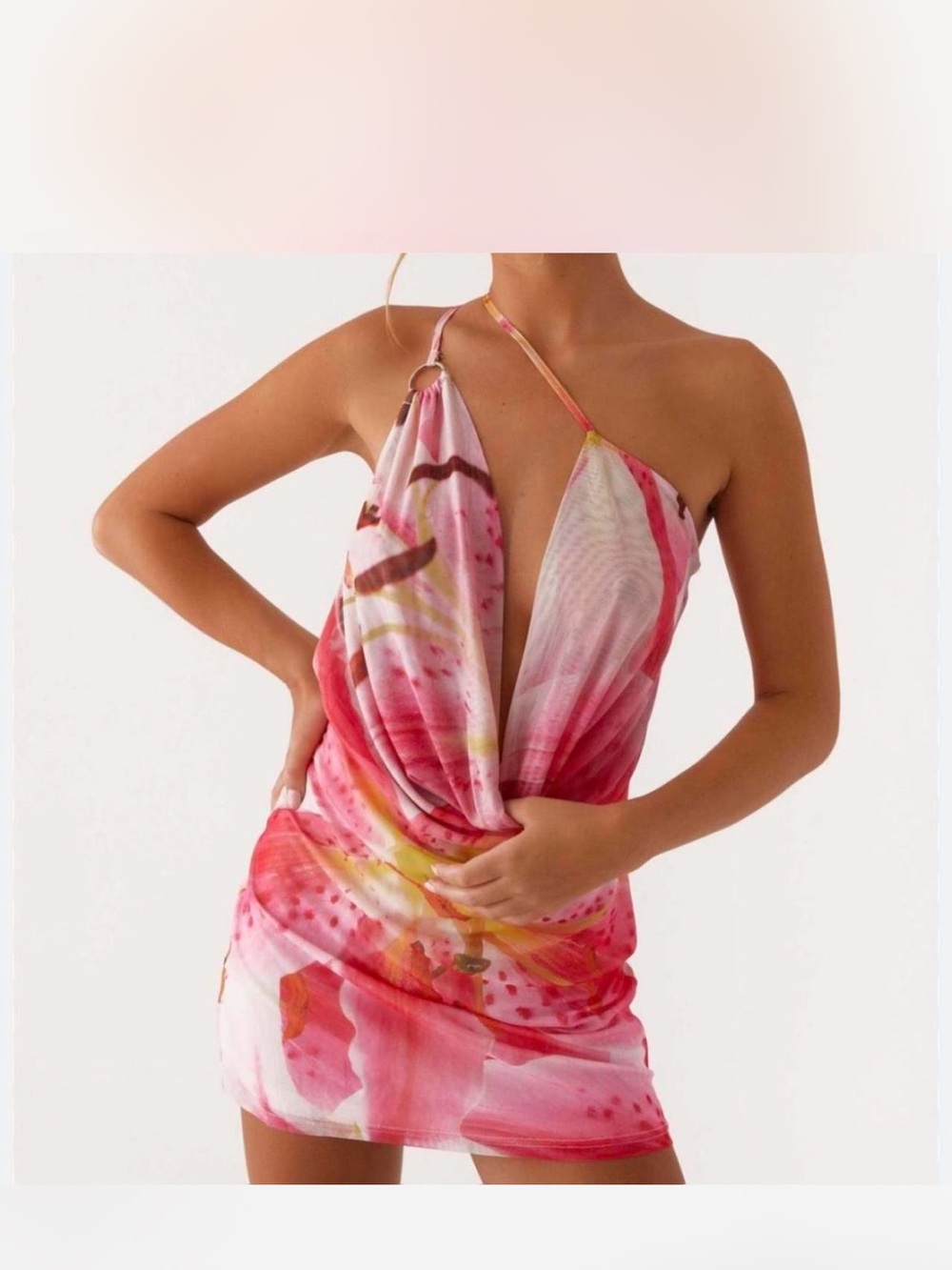Peppermayo Pink Watercolor Print One-Shoulder Dress